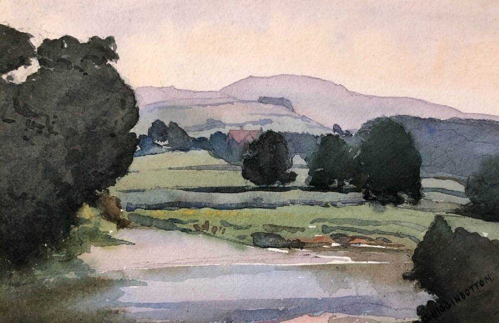 Olive Higginbottom Signed Original early 20th Century Antique Watercolour Painting, Yorkshire River & Hills Landscape