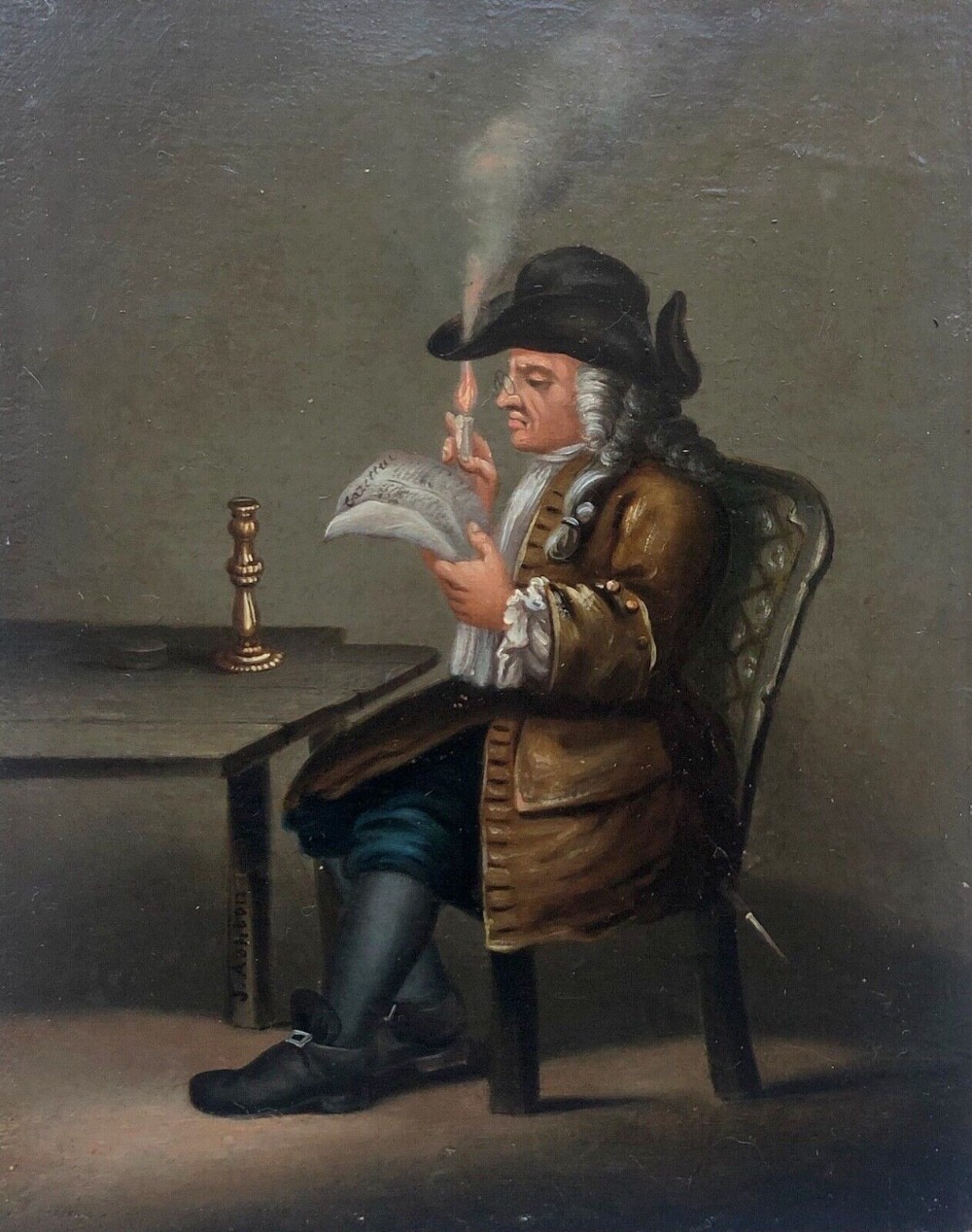 J Ashton Signed Dutch School Style Original Antique Oil Painting on Board, Portrait of Man reading a Newspaper