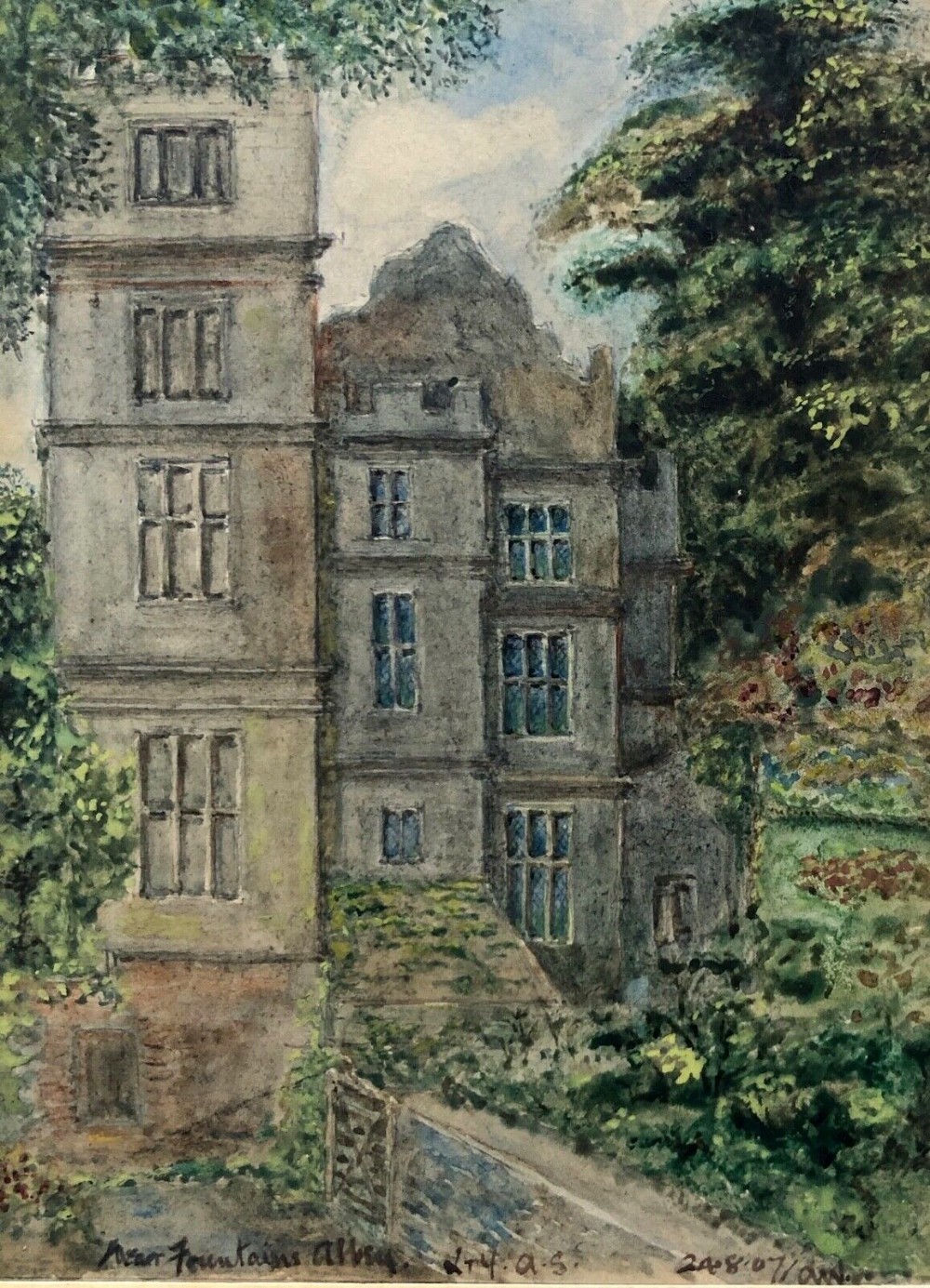 Original Signed English Antique Watercolour Painting Near Fountains Abbey  Likely to be Fountains Hall & Gardens Yorkshire