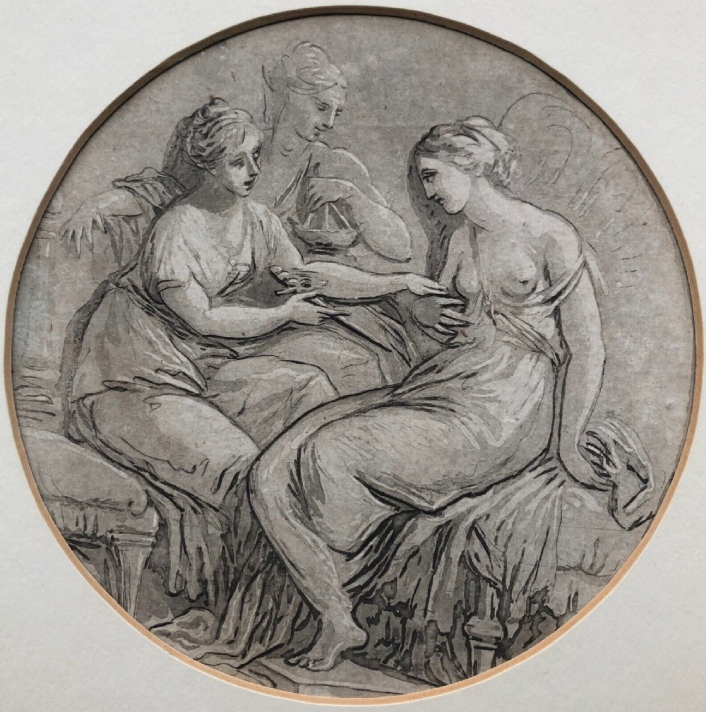 Manner of Angelica Kauffman Original Late 18th Century Grisaille Watercolour Painting Possibly Allegory of Justice Study Female Nudes