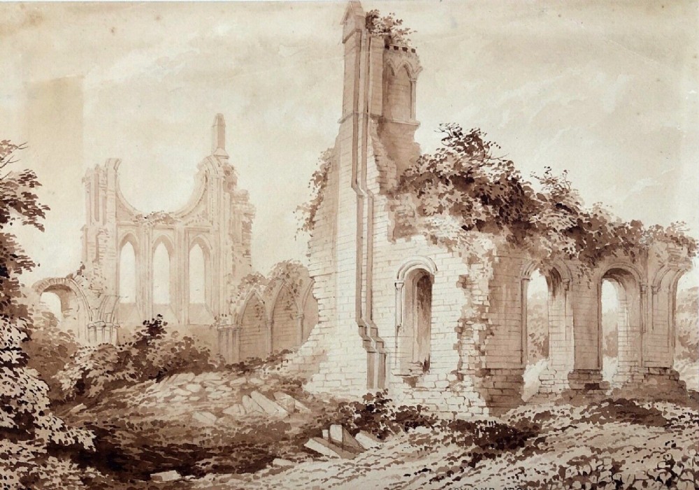 Original :ate 18th Century Antique Grisaille Watercolour Painting Byland Abbey Ruins Yorkshire Landscape
