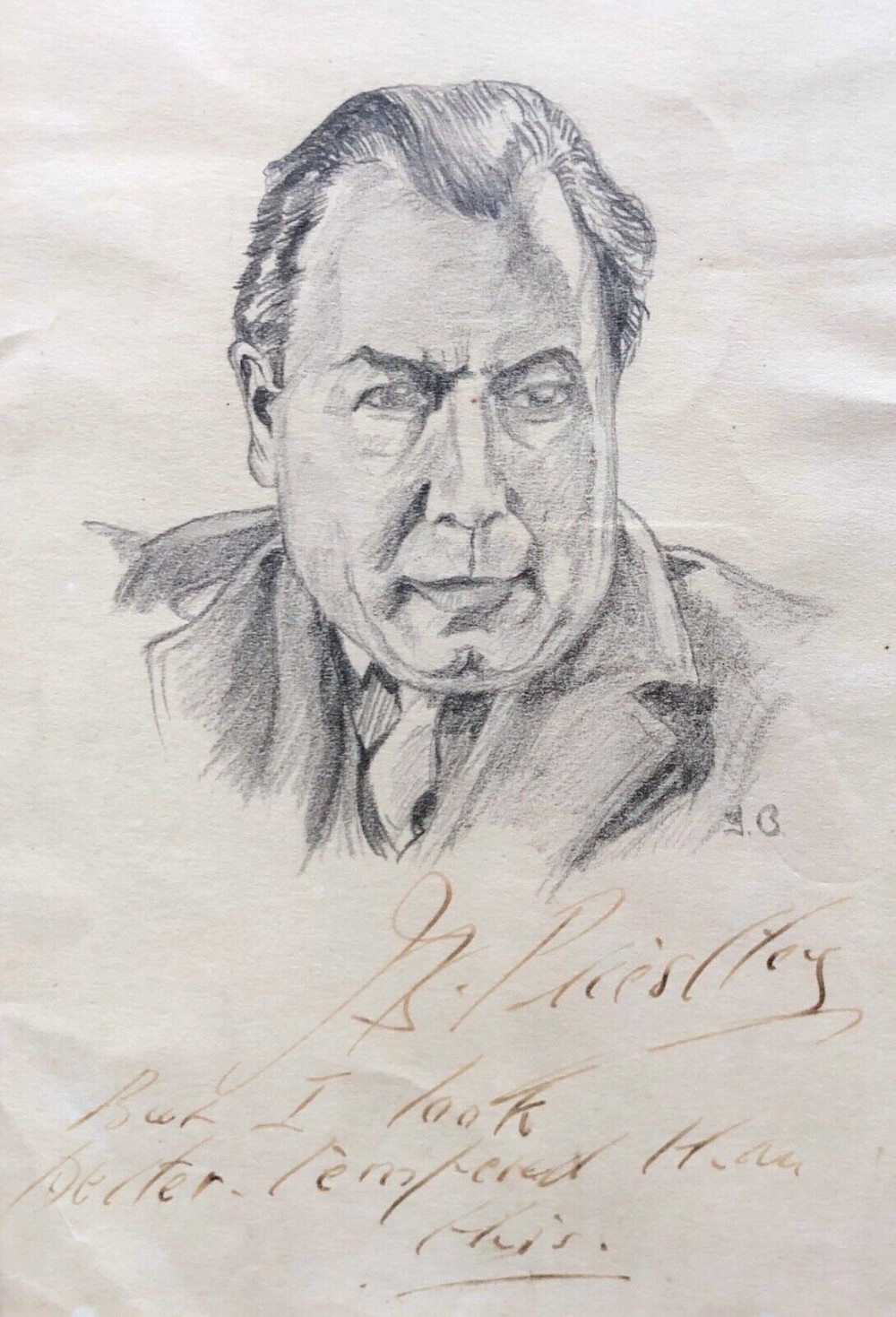 Original mid 20th Century Vintage Pencil Portrait of J B Priestley Signed & Inscribed by Sitter