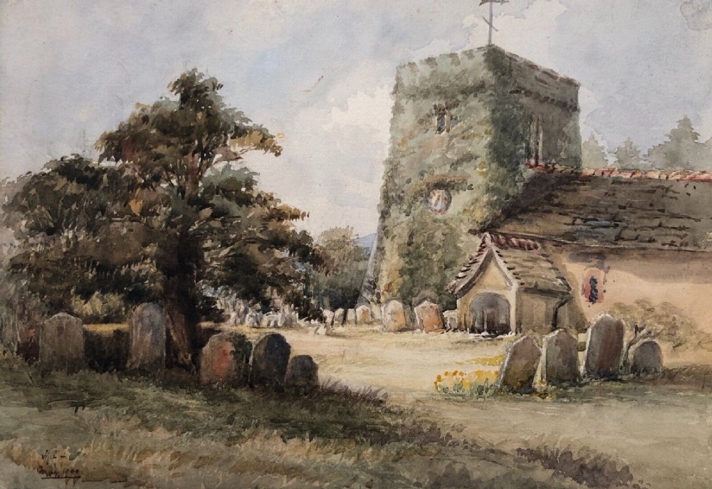 Original English School Signed MAH May 1900  Antique Watercolour Painting Church & Graveyard Landscape