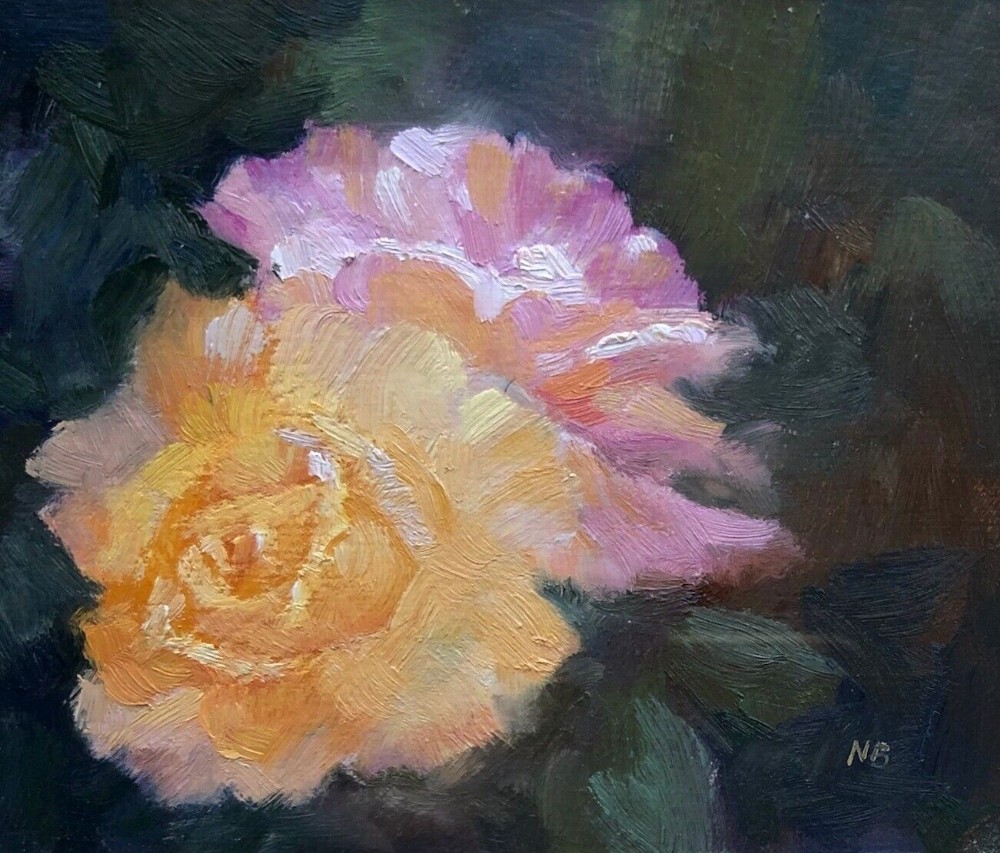 Norman J. Battershill RBA ROI PS (1922-2010) Signed Original Oil Painting on Board Pink & Yellow Roses in Glazed Frame