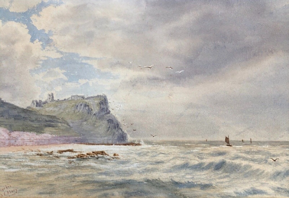 Signed A E Story 1878 Original 19th Century Antique Watercolour Painting Scarborough Castle from the South Sands Yorkshire Seascape