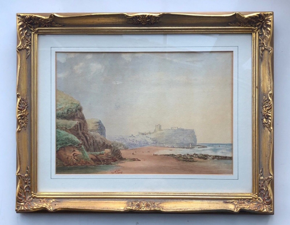 Signed A E Story 1875 Original Victorian Antique Watercolour Painting Scarborough Castle from the South Sands Yorkshire Landscape