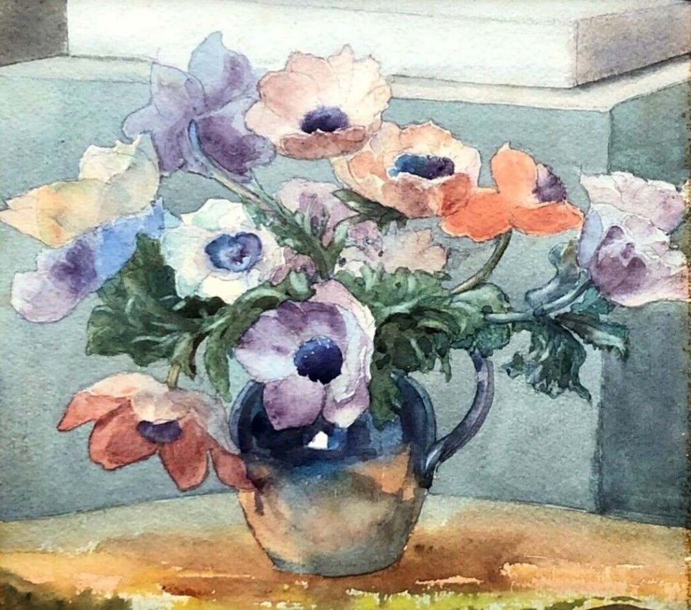 Olive Higginbottom Original Early 20th Century Antique Watercolour Painting Still Life Study of Anemone Flowers in a Jug Painting No. 19
