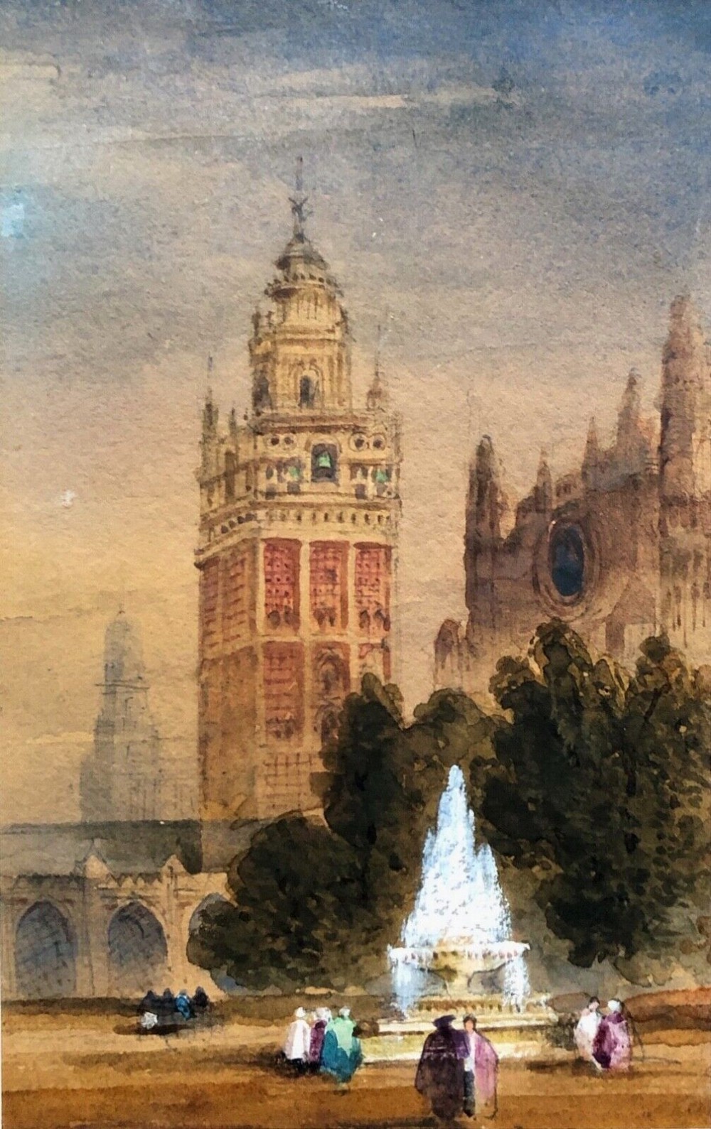 Original 19th Century Antique Watercolour Painting of a Moorish Tower possibly in Seville Spain Continental Landscape