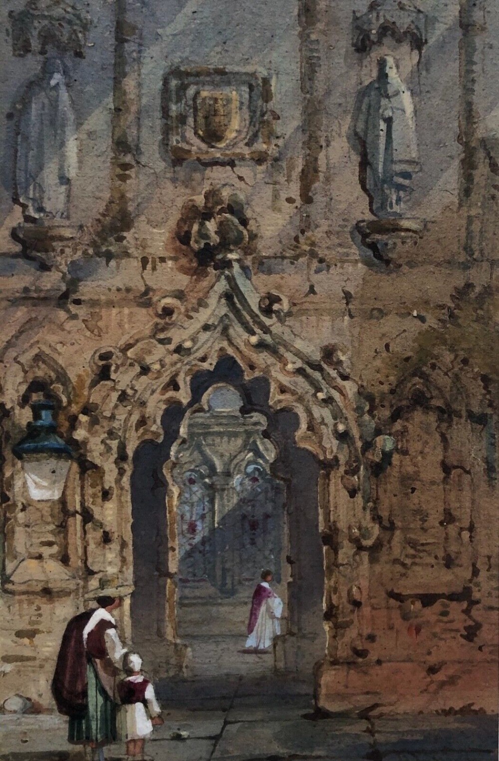 Manner of Samuel Prout Original 19th Century Antique Watercolour Painting Cathedral Entrance with Figures