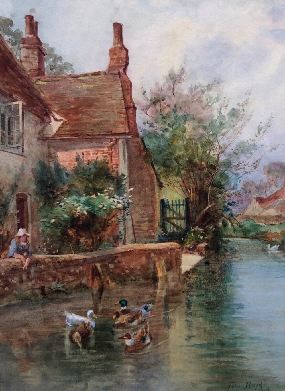 Thomas James Lloyd 1893 Signed Original 19th Century Antique Watercolour Painting Riverside Pond Landscape with Ducks