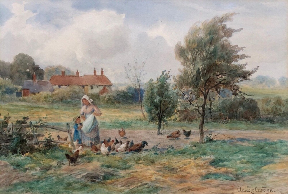 Claude Cardon Signed Original 19th Century Antique Watercolour Painting Figures Feeding Chickens English Country Landscape