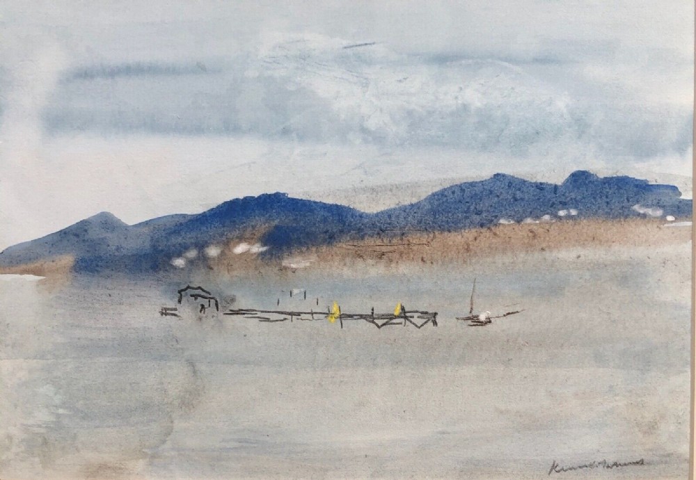 An original watercolour painting depicting a Scottish loch view with distant blue hills, a grey sky, and a wooden jetty, signed by Kenneth Holmes in the lower right corner.
