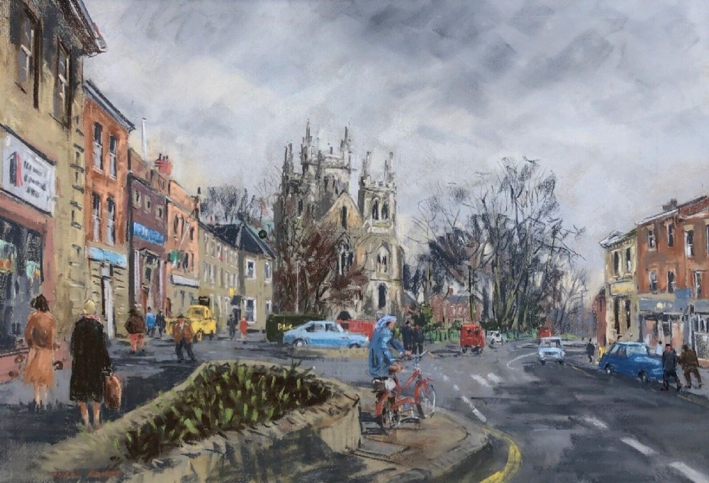 Angus Rands Signed Original Mid 20th Century Vintage Pastel Painting Drawing Selby Town Centre Yorkshire Townscape Landscape