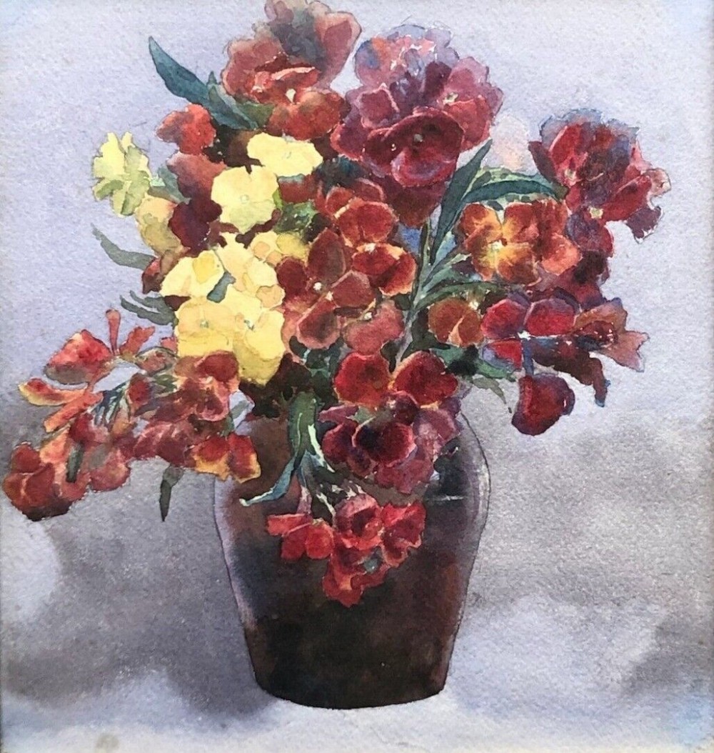 Olive Higginbottom Original Early 20th Century Antique Watercolour Painting Still Life Flowers in a Purple Vase Painting No.17