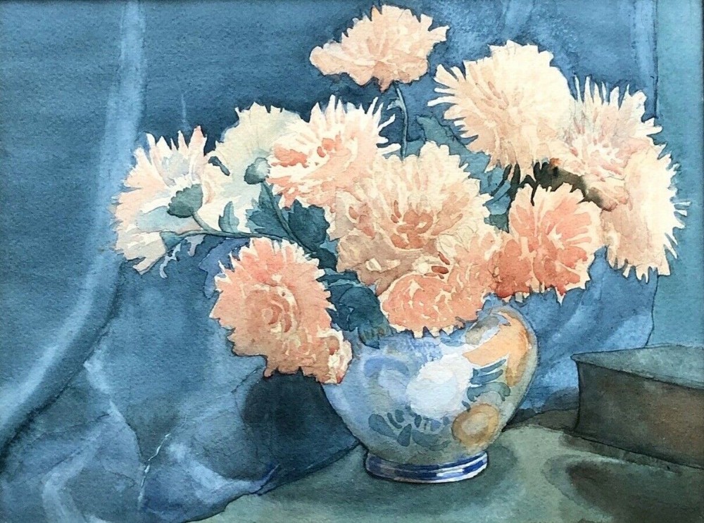 Olive Higginbottom Original Early 20th Century Antique Watercolour Painting Chrysanthemum Flowers in a Vase Painting No. 21
