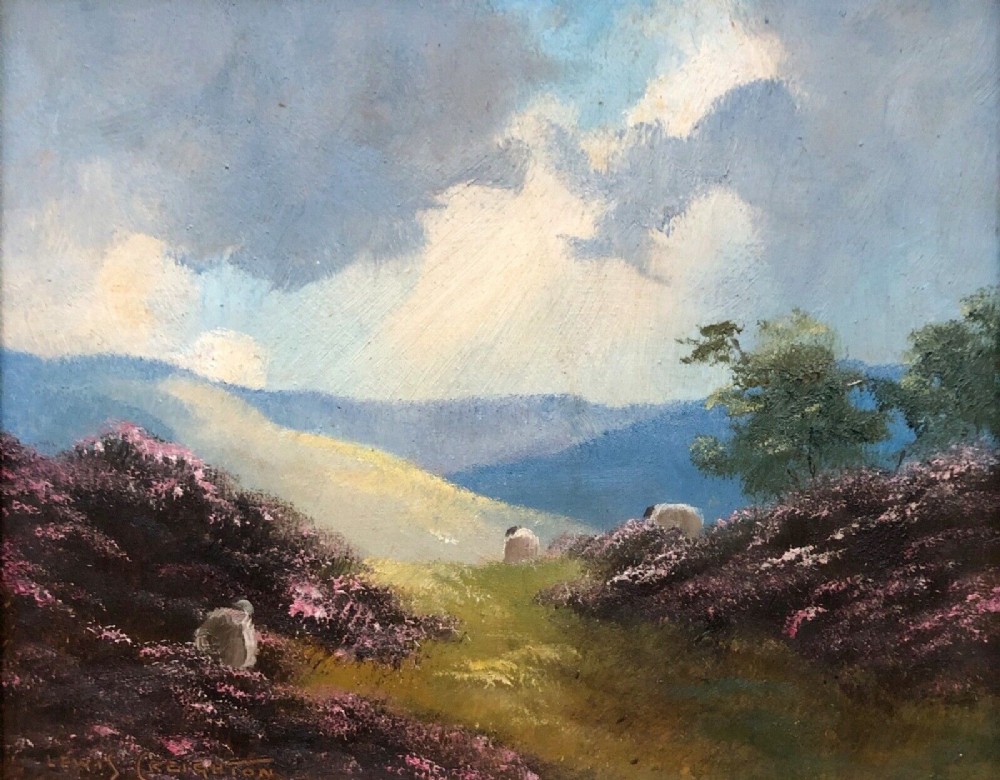 Lewis Creighton Signed Original mid 20th Century Vintage Oil Painting on Panel Sheep on Yorkshire Moors Landscape