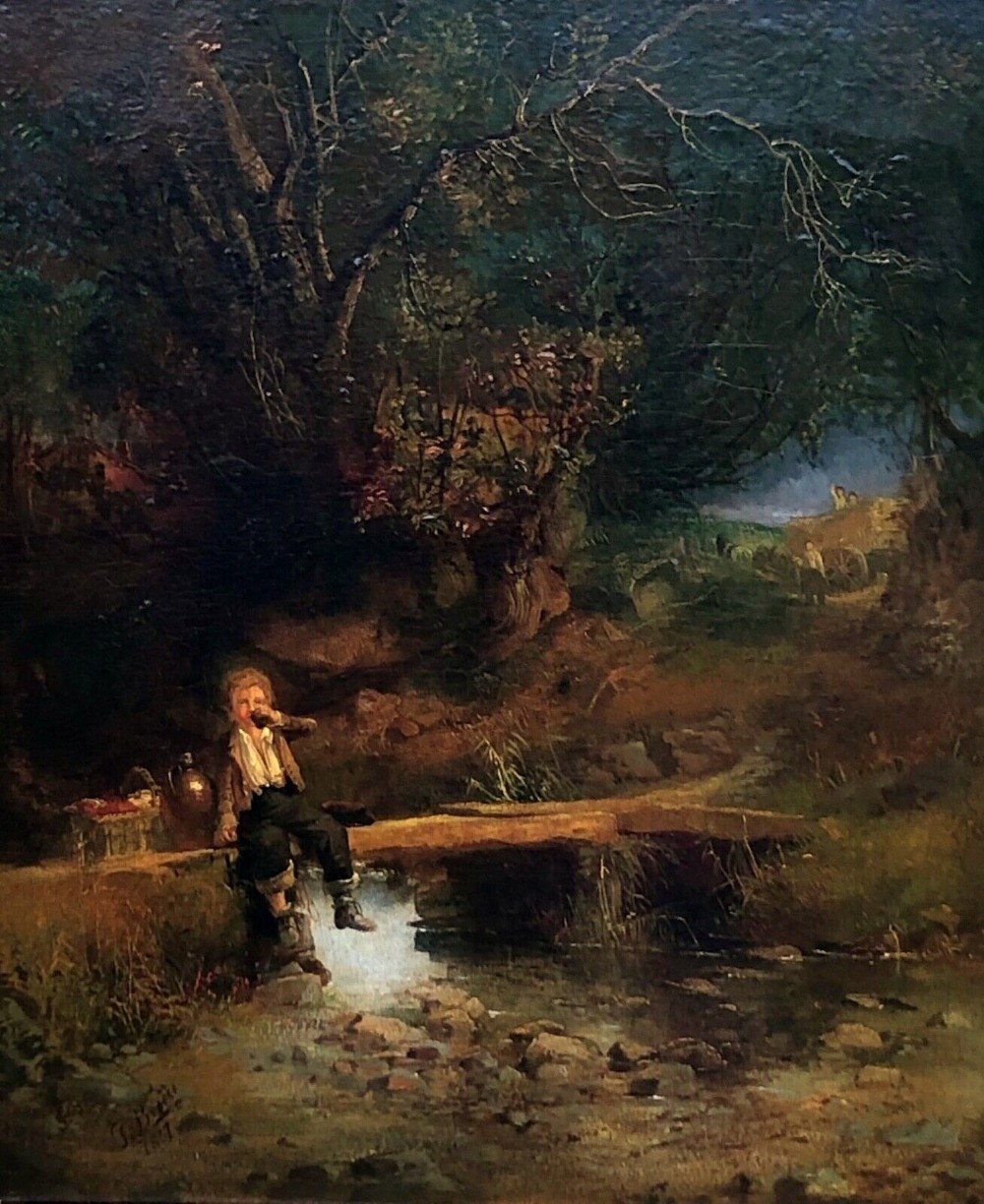Signed J Brooke 1857 Original Mid 19th Century Antique Oil Painting on Wood Panel Harvesters Landscape & Ornate Wooden Gilt Frame