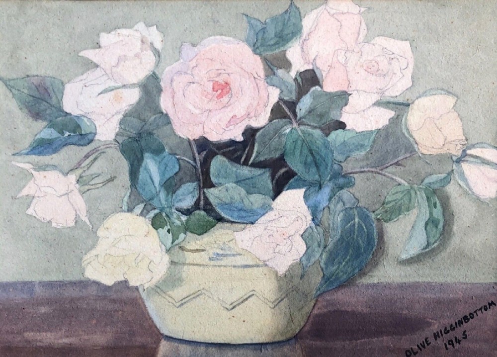 Olive Higginbottom 1945 Signed Original Watercolour Painting Still Life Flower Study of Roses in a Bowl Painting No. 24