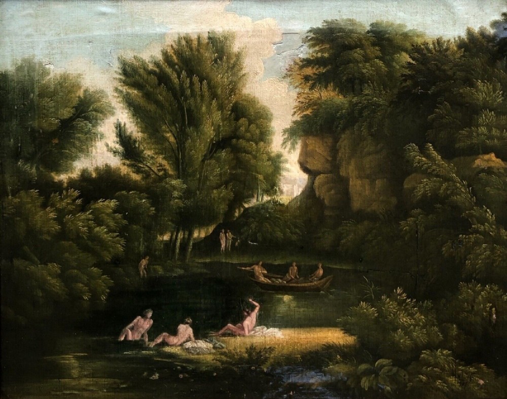 Hendrik Frans Van Lint 1737 Signed Original Early 18th Century Antique Oil Painting on Canvas Nudes Bathing in a Baroque Landscape