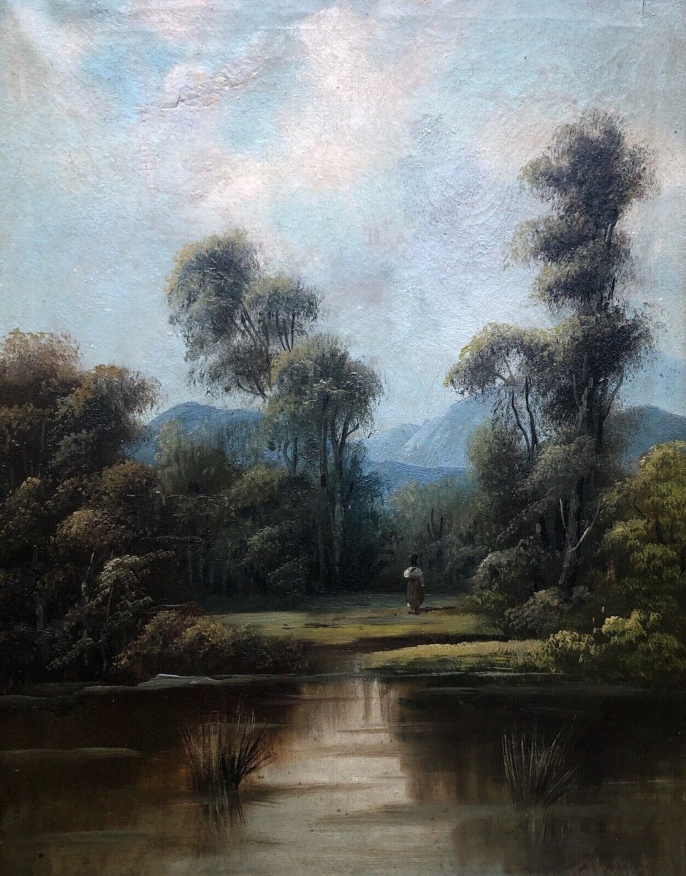Original 19th Century Antique Oil Painting on Canvas figure by a Lake English Landscape