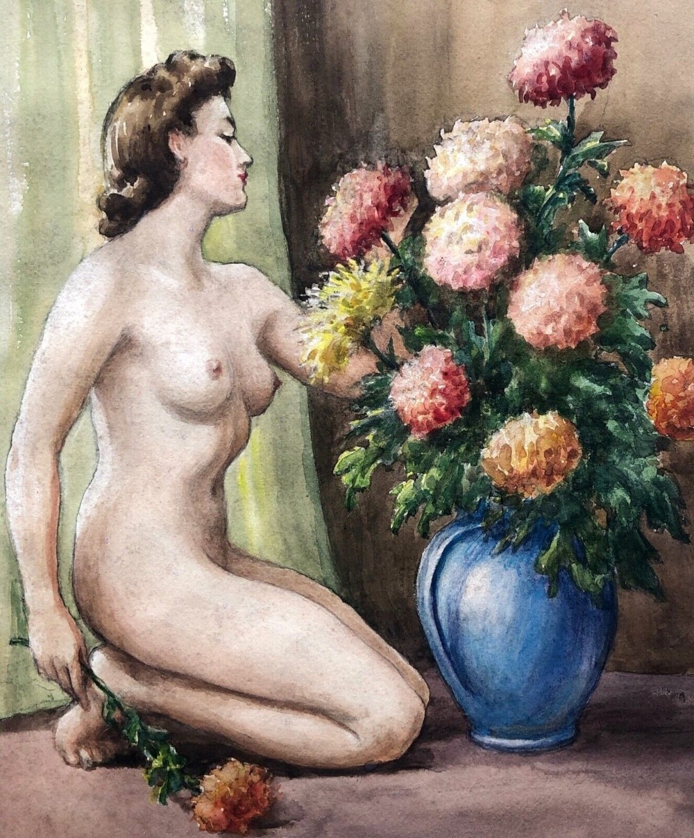 Tom Whitehead 1944 Signed Original 1944 Vintage Watercolour Painting Nude Female Seated by Flowers in a Blue Vase Still Life