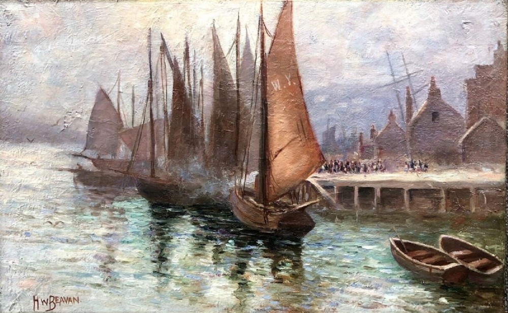 H W Beavan Signed Original Late 19th Century Antique Oil Painting on Canvas Boats Moored in Whitby Harbour Yorkshire Coast Landscape