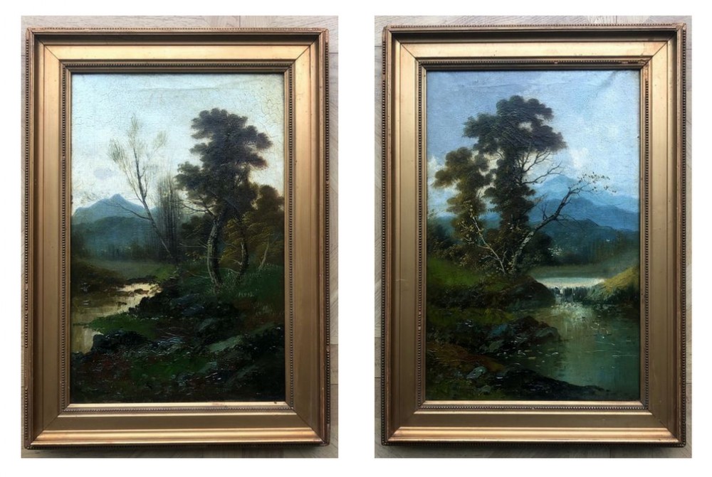 Pair of Original Late 19th Century Antique Oil Paintings on Canvas River & Mountain English Landscapes