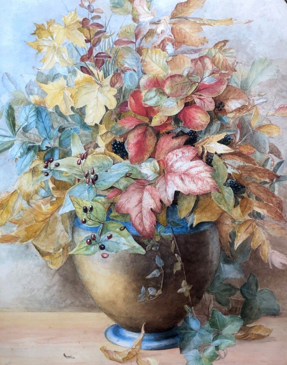 Original Early 20th Century Antique Watercolour Painting Still Life Study of Autumn Leaves & Berries With E.S.K. (Examined School of South Kensington) Stamp