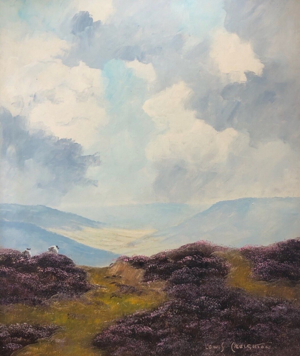 Lewis Creighton Signed Original mid 20th Century Vintage Oil Painting on Board Sheep on Yorkshire Moorland English Landscape