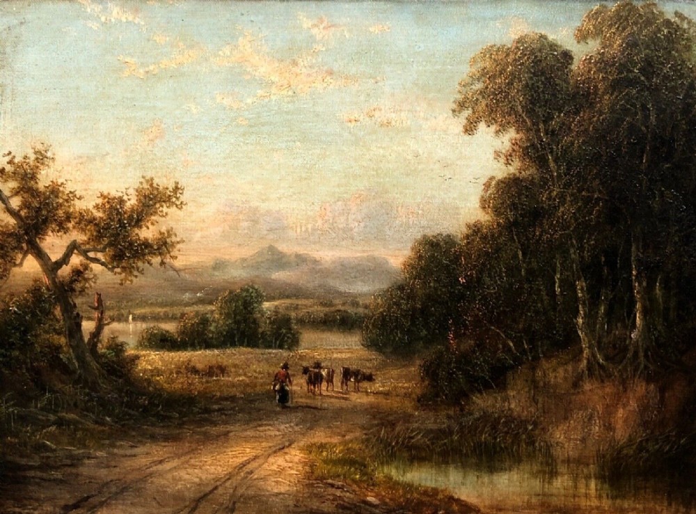 Early 19th Century Antique Scottish School Original Oil Painting on Canvas Cattle & distant Hills Landscape