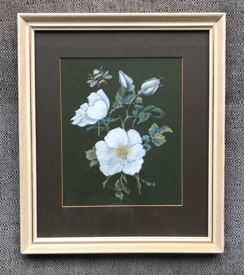 L E Hole Signed Original Mid 20th Century Gouache Watercolour Painting White Rose & Bee Still Life Flower Study