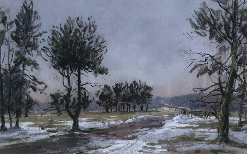 Angus Rands Original mid 20th Century Vintage Painting Helmsley Bank in the Snow Yorkshire Landscape