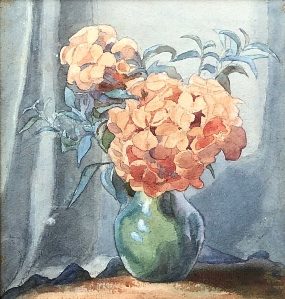 Olive Higginbottom Early 20th Century Original Antique Watercolour Still Life Painting Hydrangea Flowers in a Green Vase Painting No 14