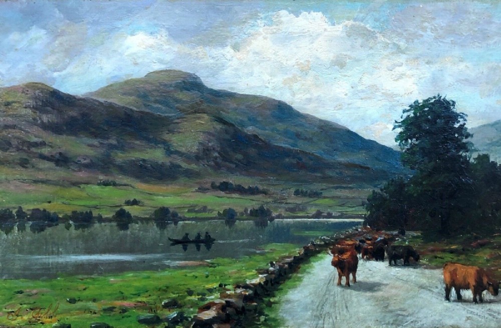 J Gibb Signed Original 19th Century Antique Oil Painting on Board Highland Cattle by Loch Scottish Highland Landscape with Additional Artist Sketch Verso