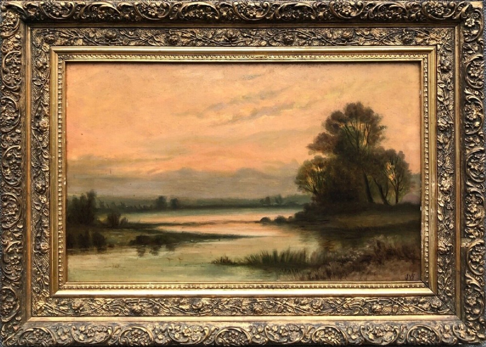 Signed with initials JW Original 19th Century Antique Oil Painting on Board Sunset Lake English Landscape