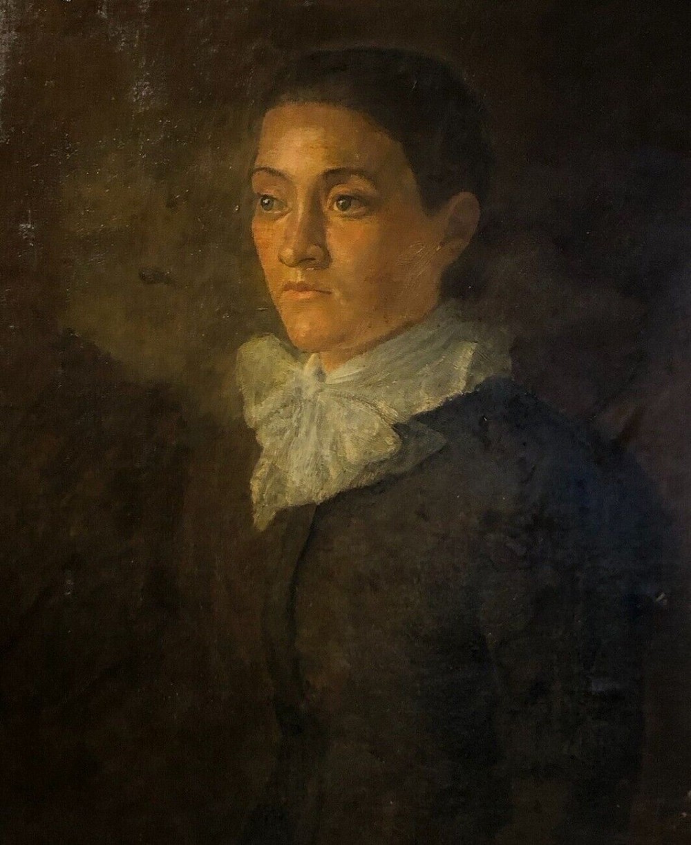 British School Original 19th Century Antique Oil Painting on Canvas Portrait of a Young Lady with a Lace Collar