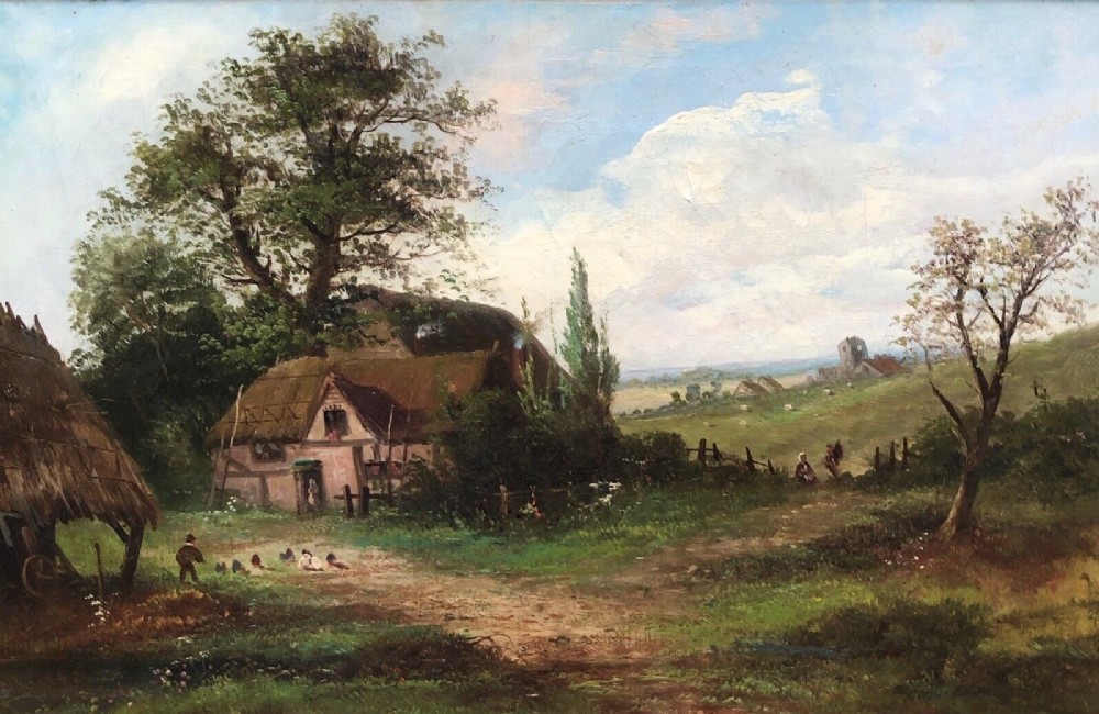 English School Original Signed 19th Century Antique Oil Painting on Canvas Cottage Farmstead with Distant Village & Church Landscape
