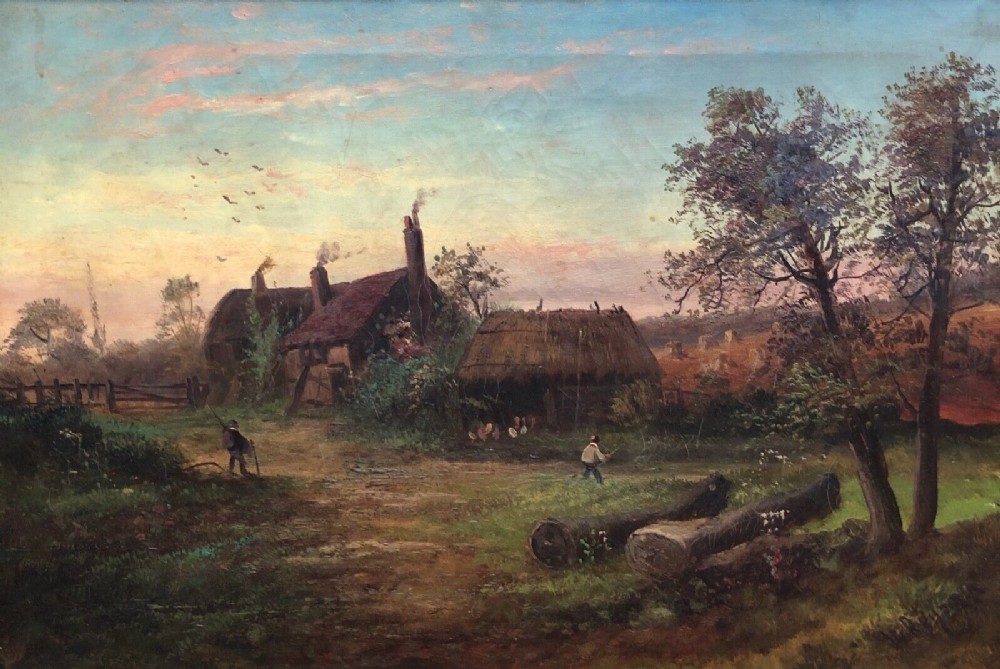 English School Original 19th Century Antique Oil Painting on Canvas Farmstead Cottage Countryside Landscape with Figures