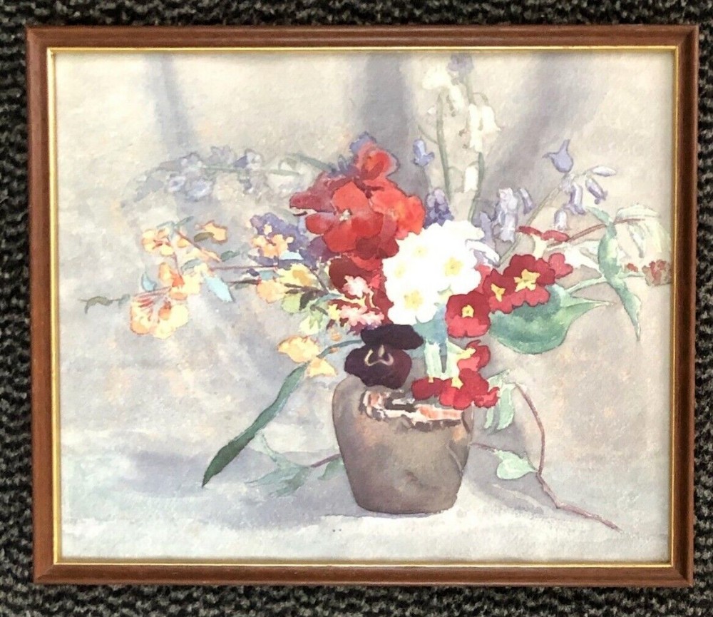 Olive Higginbottom Original Early 20th Century Antique Watercolour Painting Still Life Primroses & Spring Flower in a Vase Painting No 8
