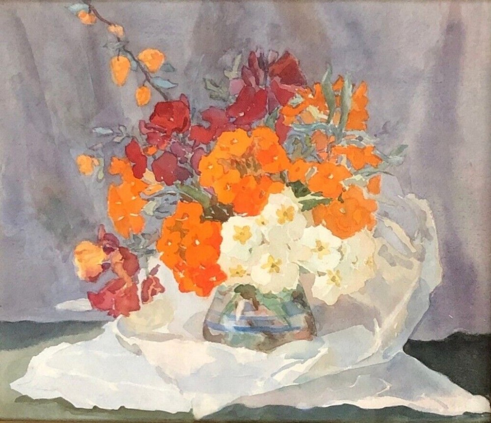 Olive Higginbottom Original early 20th Century Antique Watercolour Painting  Still Life Orange & Red Flowers in a Glass Vase Painting No 4