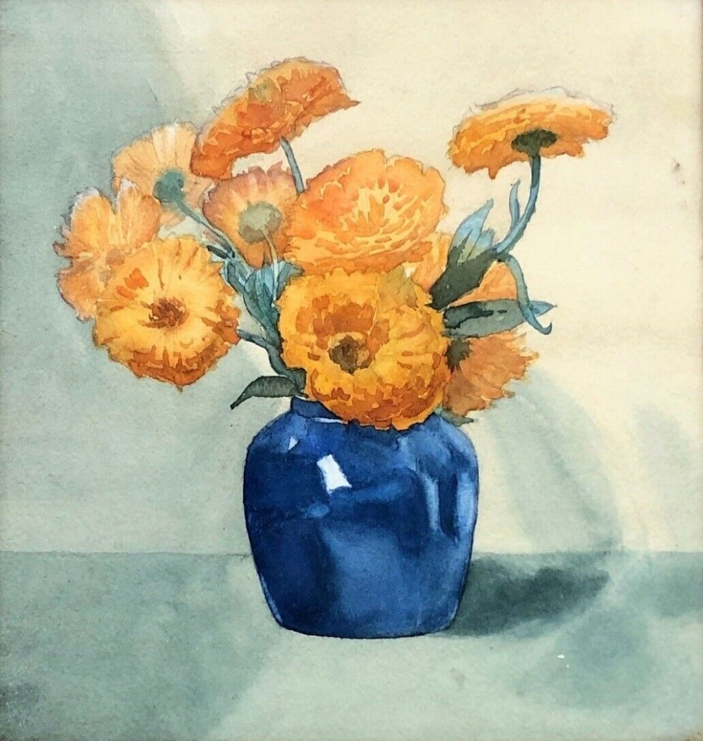 Olive Higginbottom Original Early 20th Century Antique Watercolour Painting Still Life Flower Study Orange Blooms in a Blue Vase Painting No 23