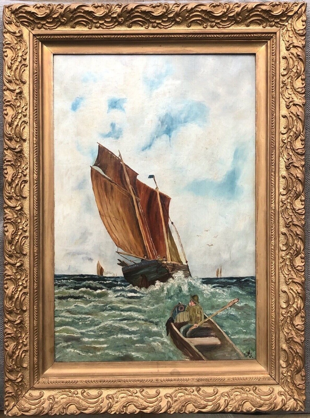 Signed E.W. '05 Original Early 20th Century Antique English Oil Painting on Canvas Fisherman Trawler Boat Seascape