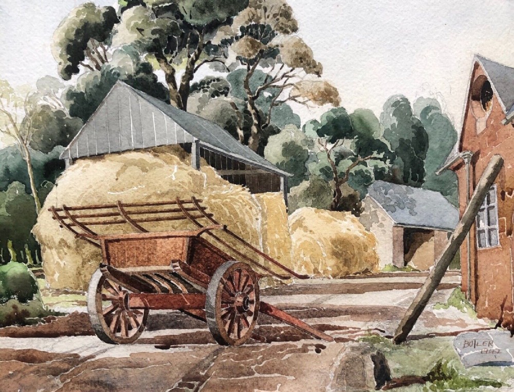 Signed Butler Dated 1942 Original Early 20th Century Vintage Watercolour Painting Hay Cart & Farmyard English Landscape