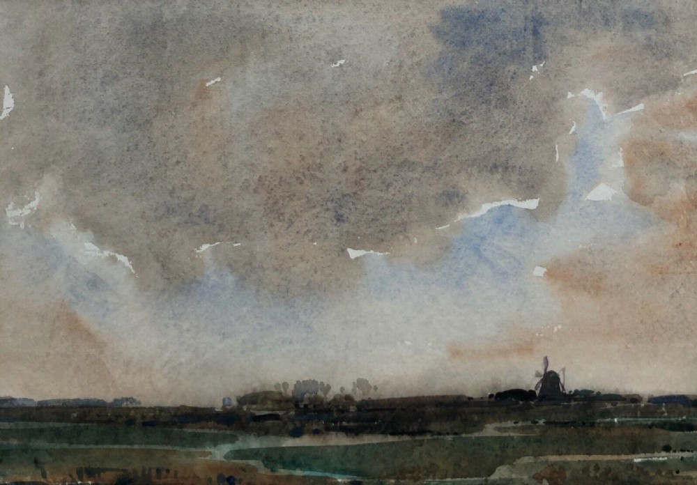 Kershaw Schofield Signed Original early 20th Century Antique Watercolour Painting Windmill & Stormy Sky English Landscape