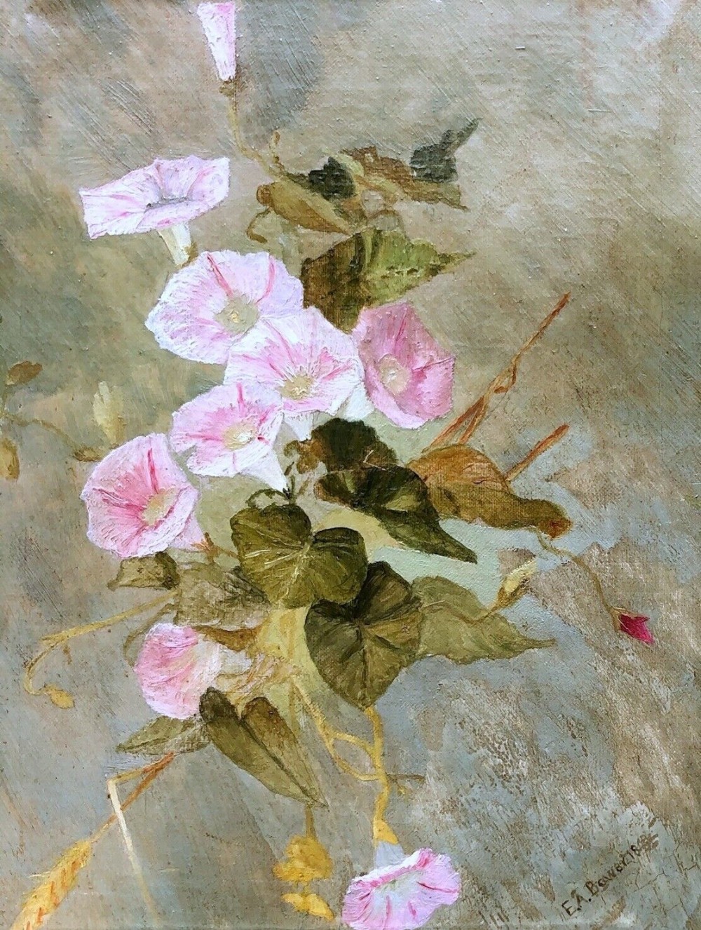 Signed E A Bower (Later Lady Ethel Alice Chivers Harris) Original early 20th Century Antique Oil Painting on Canvas Still Life Study of Pink Flowers