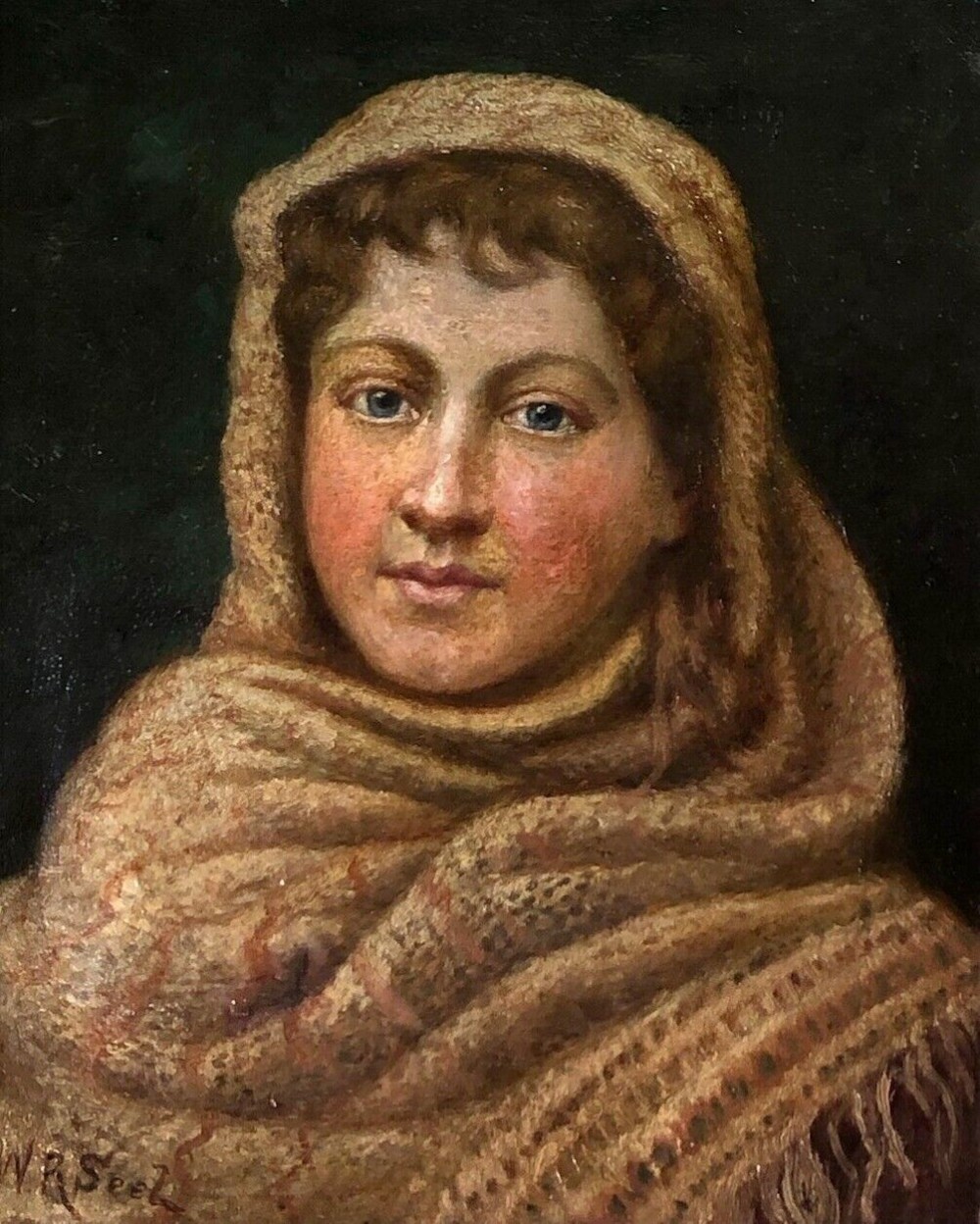 Signed W R Seel Original English School Late 19th Century Antique Oil Painting on Canvas Portrait of a Young Lady wearing a Shawl