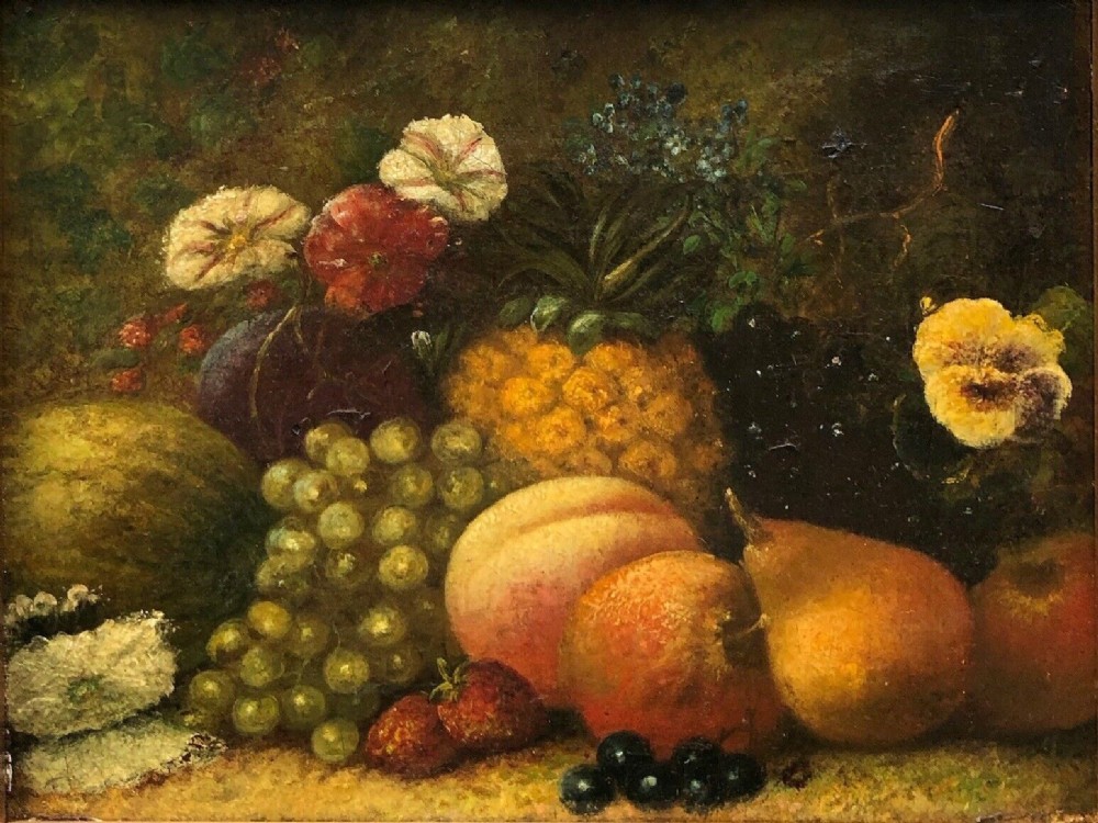 Manner of Oliver Clare Original 19th Century Antique Oil Painting on Canvas Still Life Study Pineapple, Flowers & other Fruit
