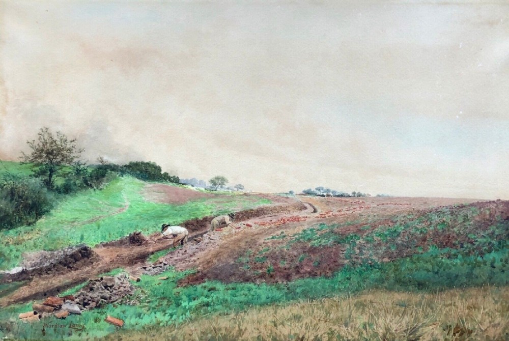William Wardlaw Laing Signed Original late 19th Century Antique Watercolour Painting Farmers Laying Drainage in a Farrow Field English Landscape