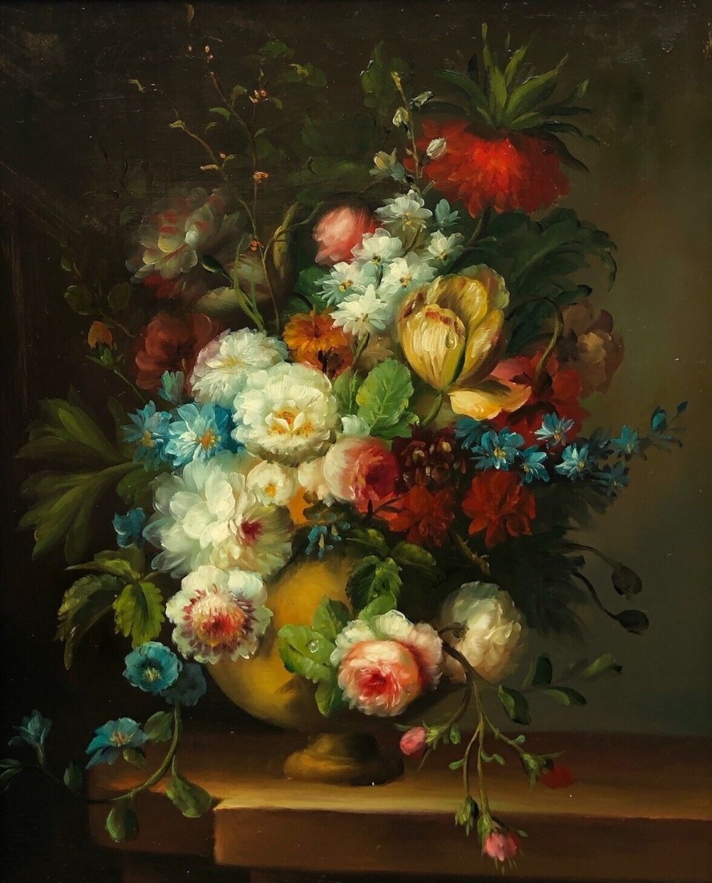 Original Early to Mid 20th Century Oil Painting on Wood Panel Still Life Flower Arrangement Tulips Peonies Roses & Pedestal Vase