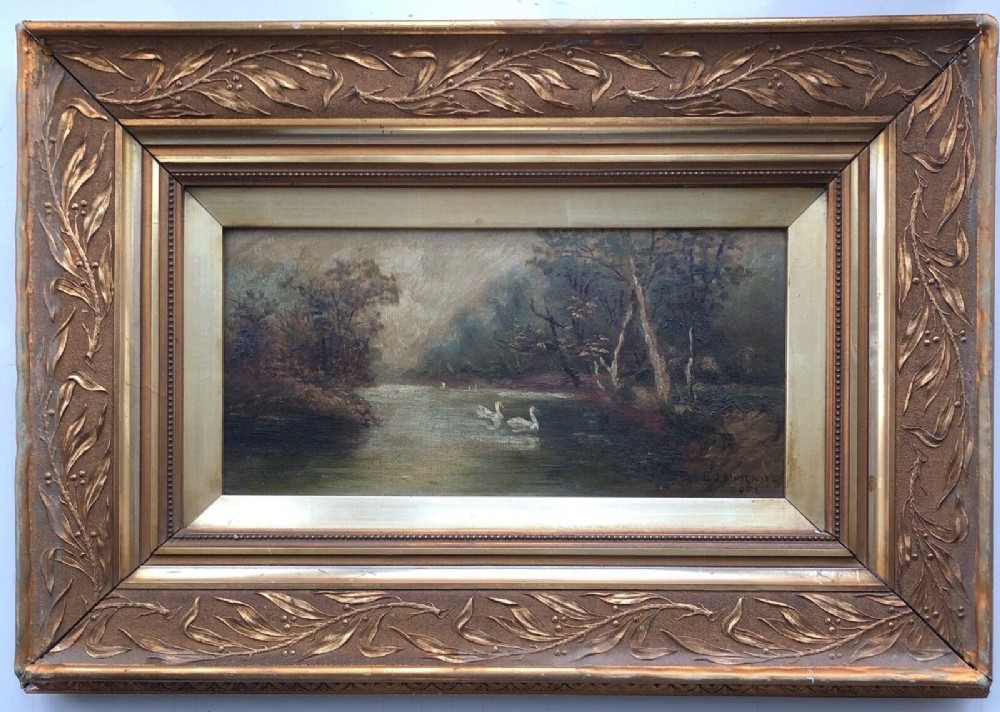 E L Musgrave 1902 Signed Original Early 20th Century Antique Oil Painting on Canvas Swans on a Lake English Country Landscape